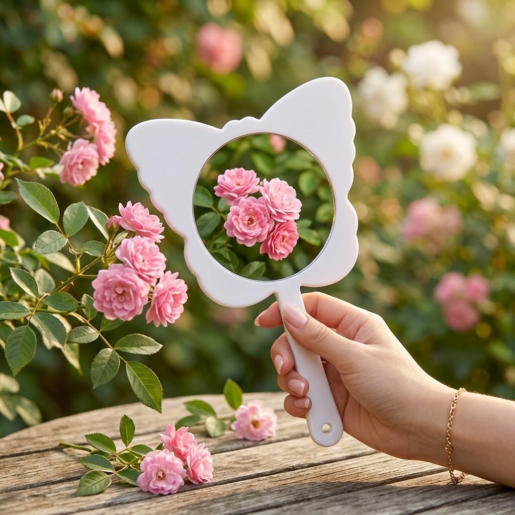 Beauty Makeup Look - Butterfly Shape Handheld Mirror Floral Pattern